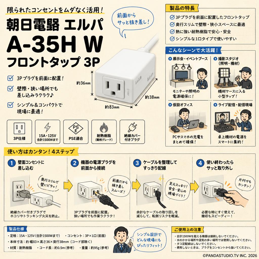 朝日電器 エルパ A-35H W フロントタップ 3P おもな対象のお客様