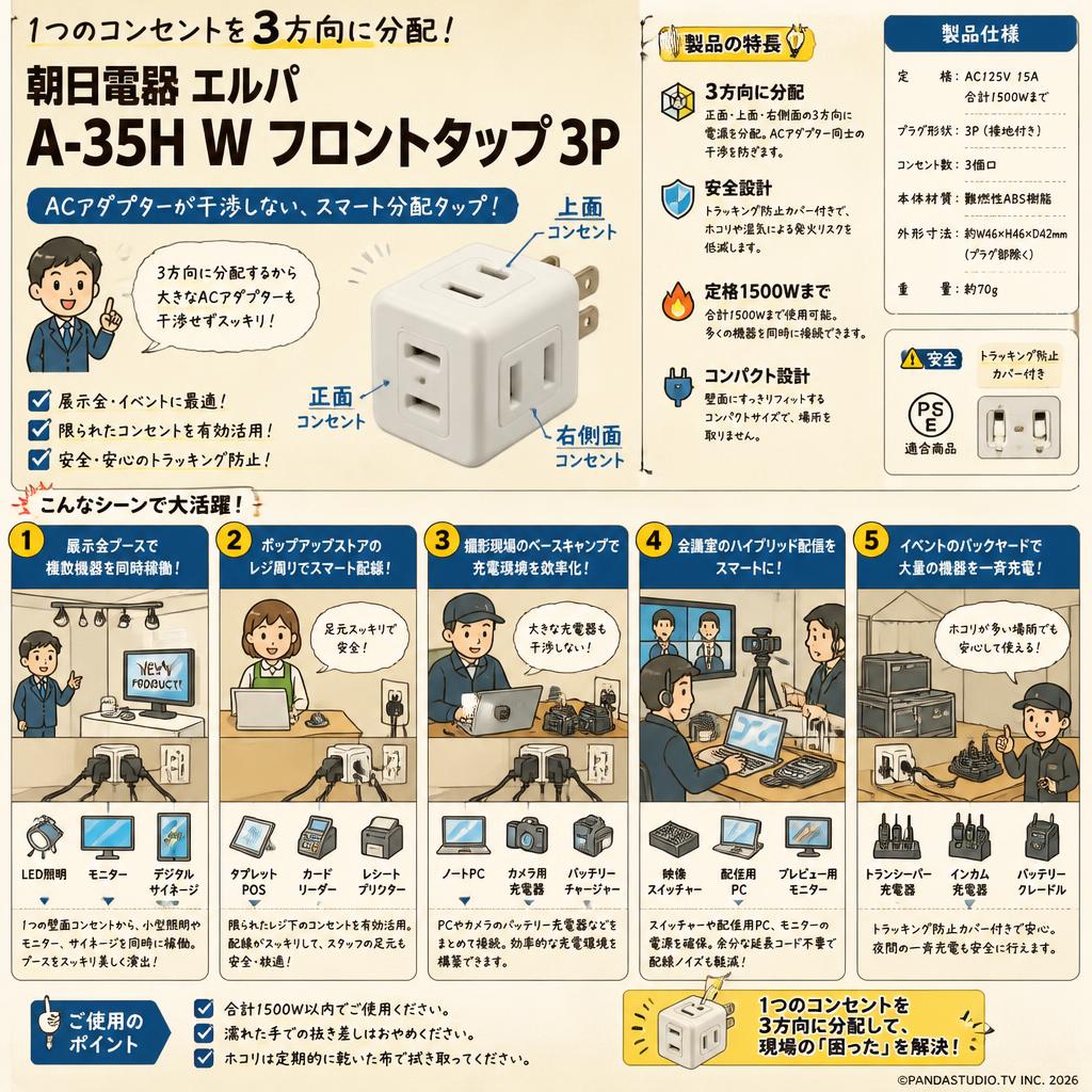 朝日電器 エルパ A-35H W フロントタップ 3P 用途