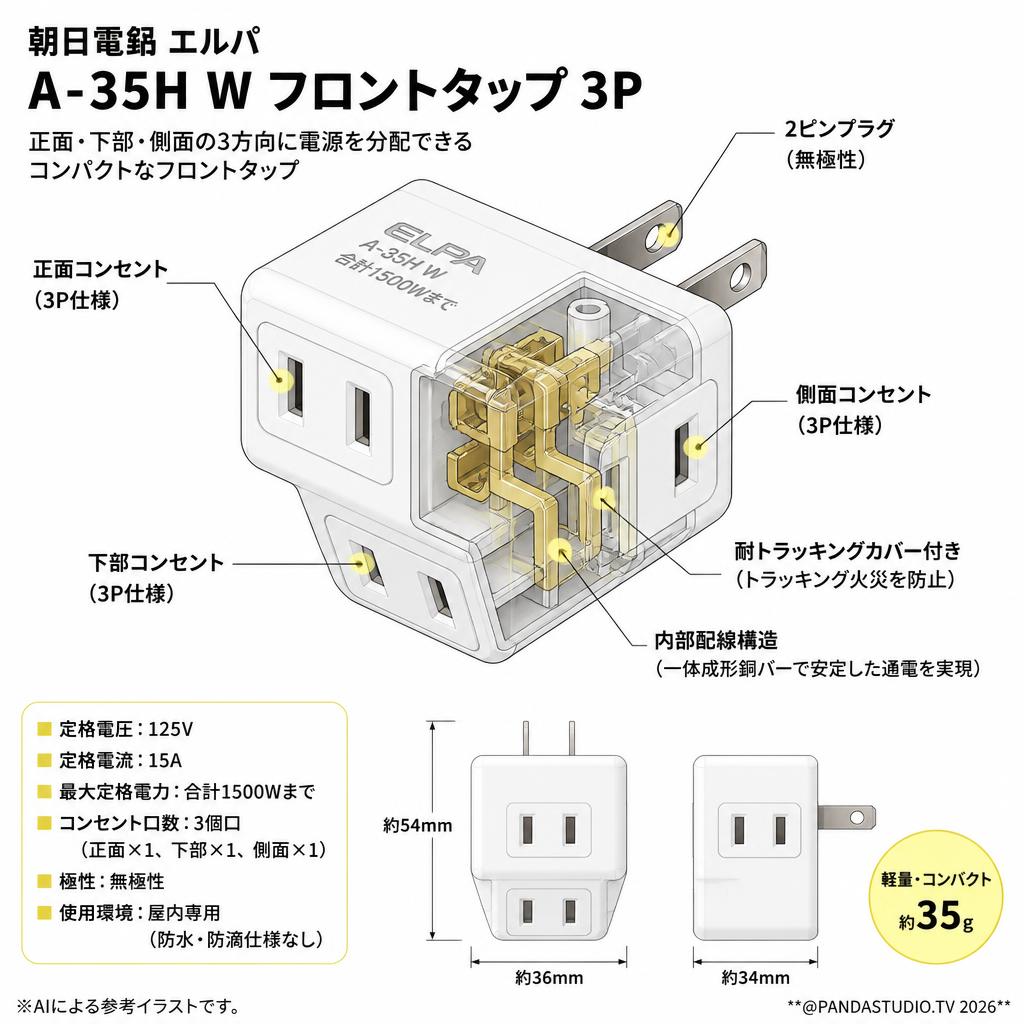 朝日電器 エルパ A-35H W フロントタップ 3P スペック