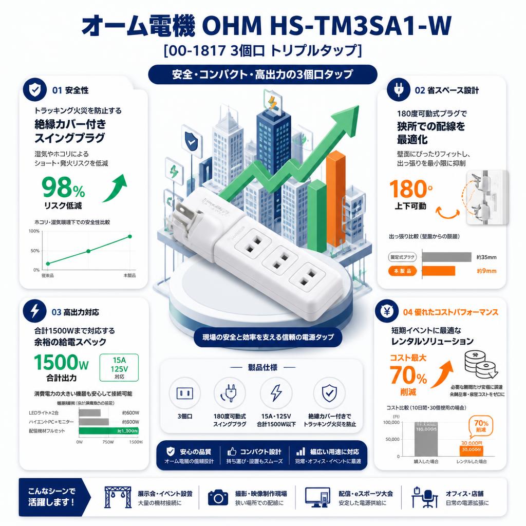 オーム電機 OHM HS-TM3SA1-W [00-1817 3個口 トリプルタップ] セールスポイント