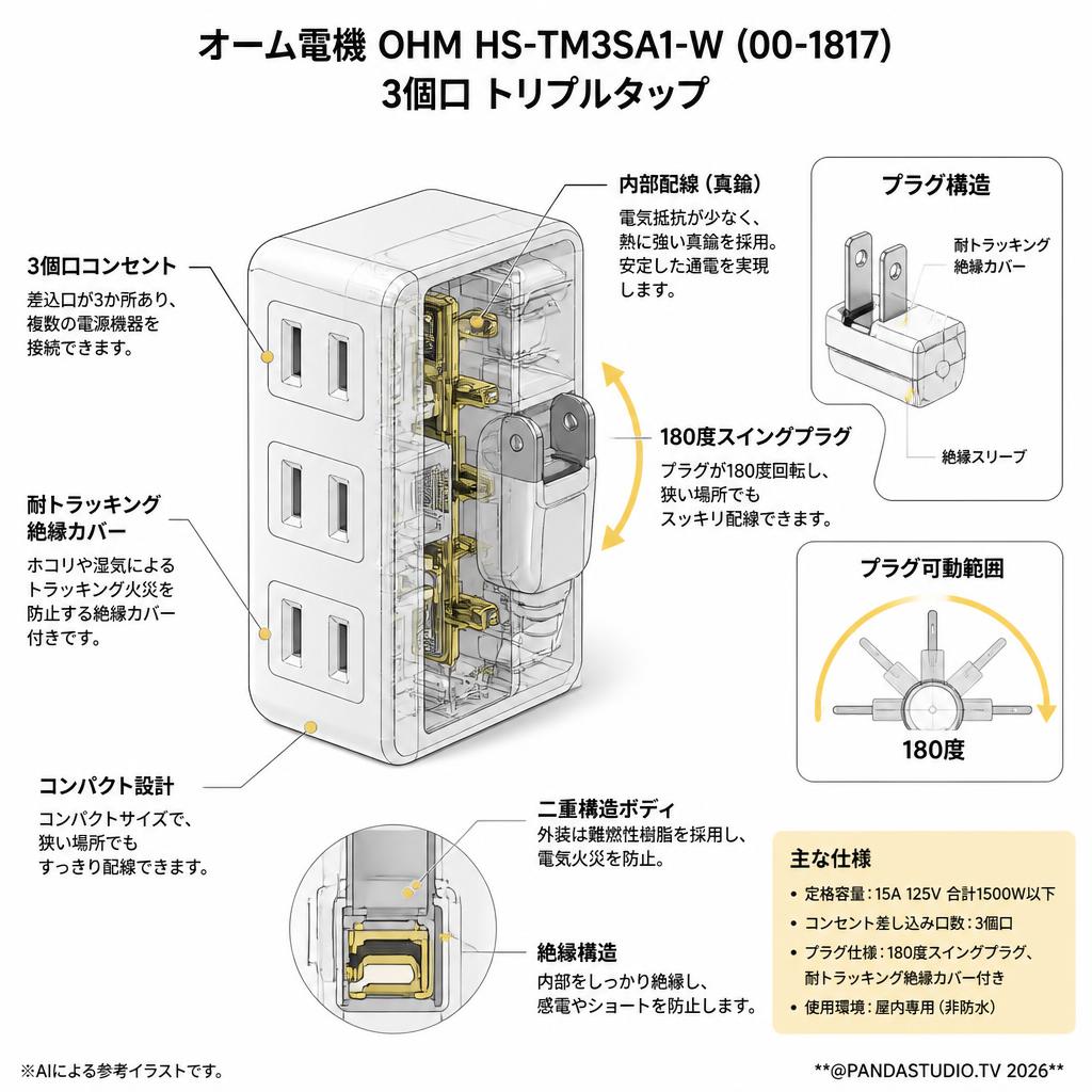 オーム電機 OHM HS-TM3SA1-W [00-1817 3個口 トリプルタップ] スペック