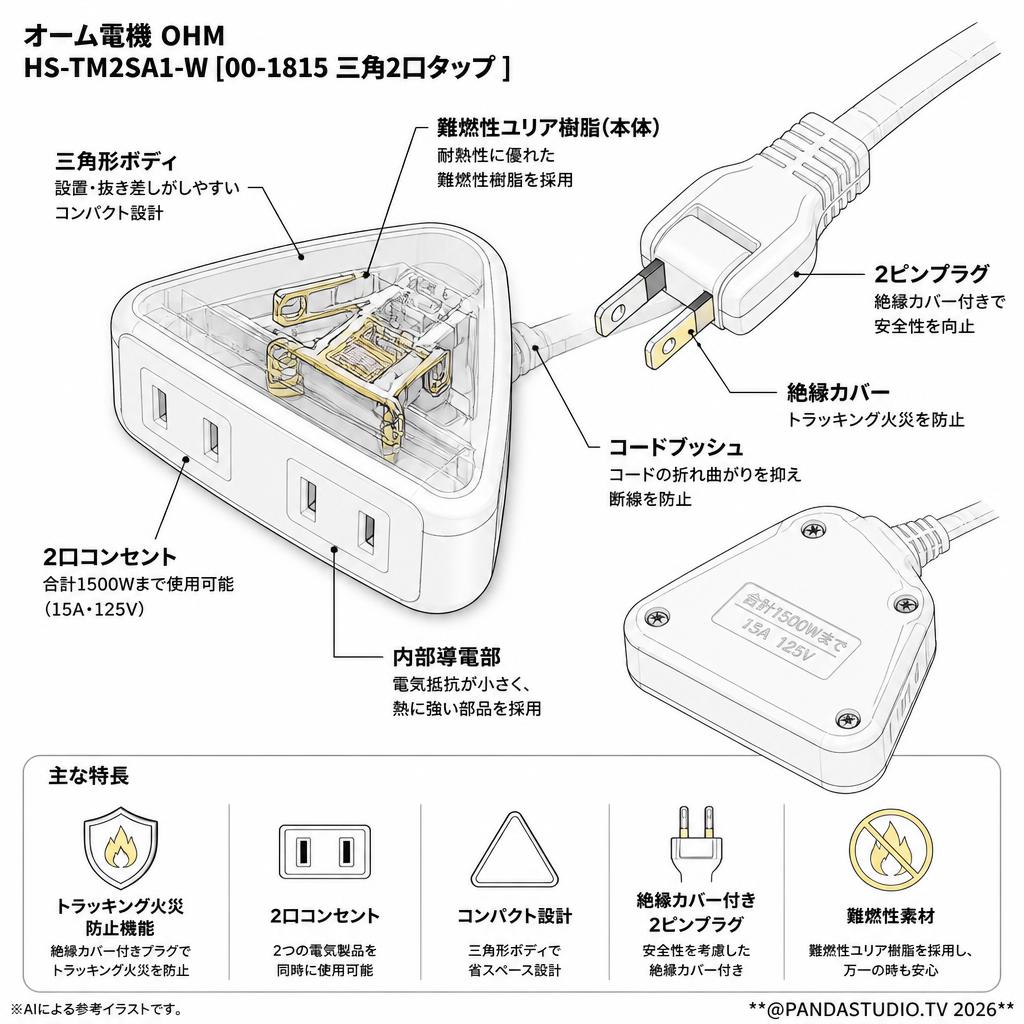 オーム電機 OHM HS-TM2SA1-W [00-1815 三角2口タップ ] スペック