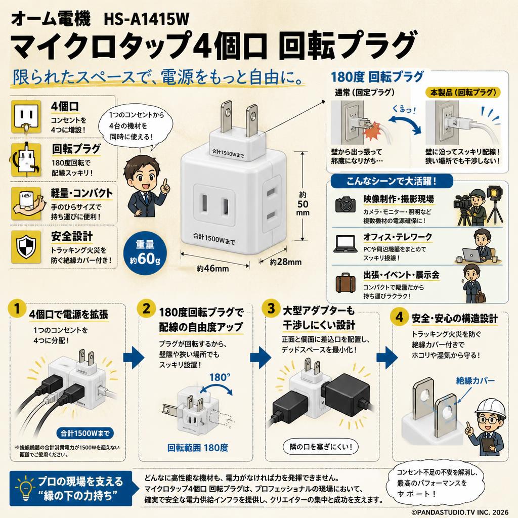 オーム電機 HS-A1415W [マイクロタップ4個口 回転プラグ] 概要