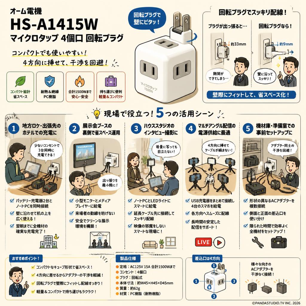 オーム電機 HS-A1415W [マイクロタップ4個口 回転プラグ] 用途