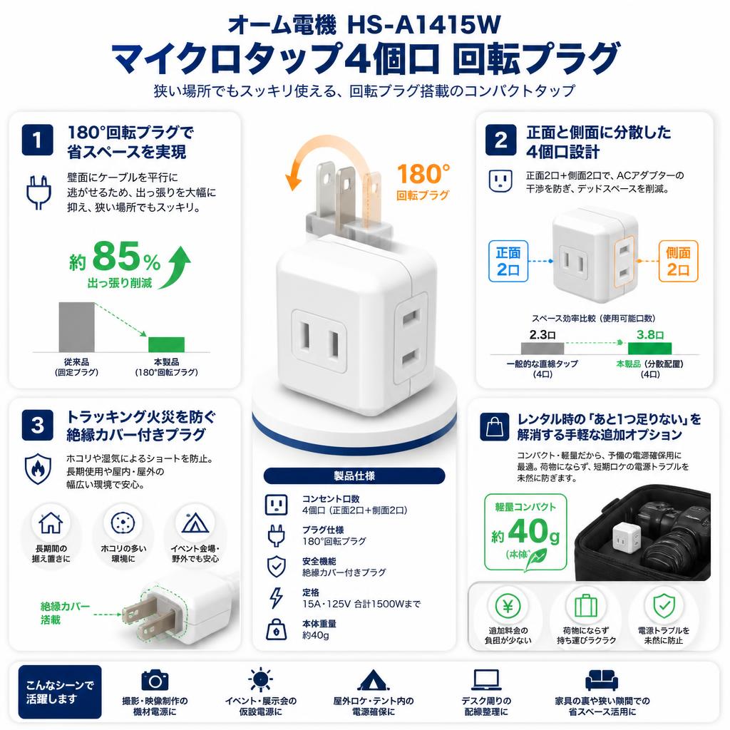 オーム電機 HS-A1415W [マイクロタップ4個口 回転プラグ] セールスポイント