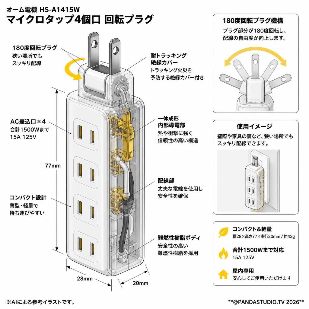 オーム電機 HS-A1415W [マイクロタップ4個口 回転プラグ] スペック