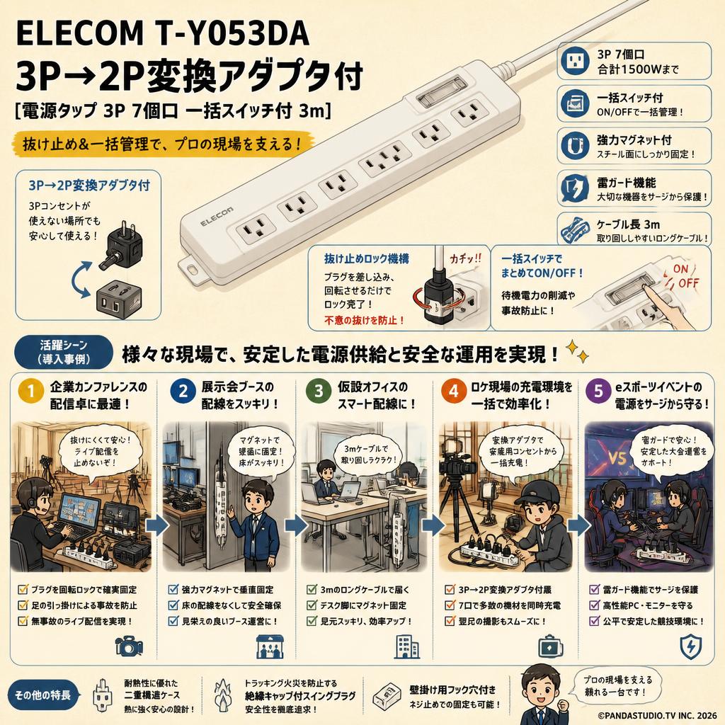 ELECOM T-Y053DA 3P→2P変換アダプタ付 [電源タップ 3P 7個口 一括スイッチ付 3m ] 用途