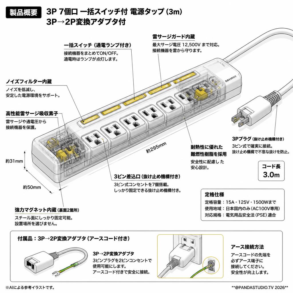 ELECOM T-Y053DA 3P→2P変換アダプタ付 [電源タップ 3P 7個口 一括スイッチ付 3m ] スペック