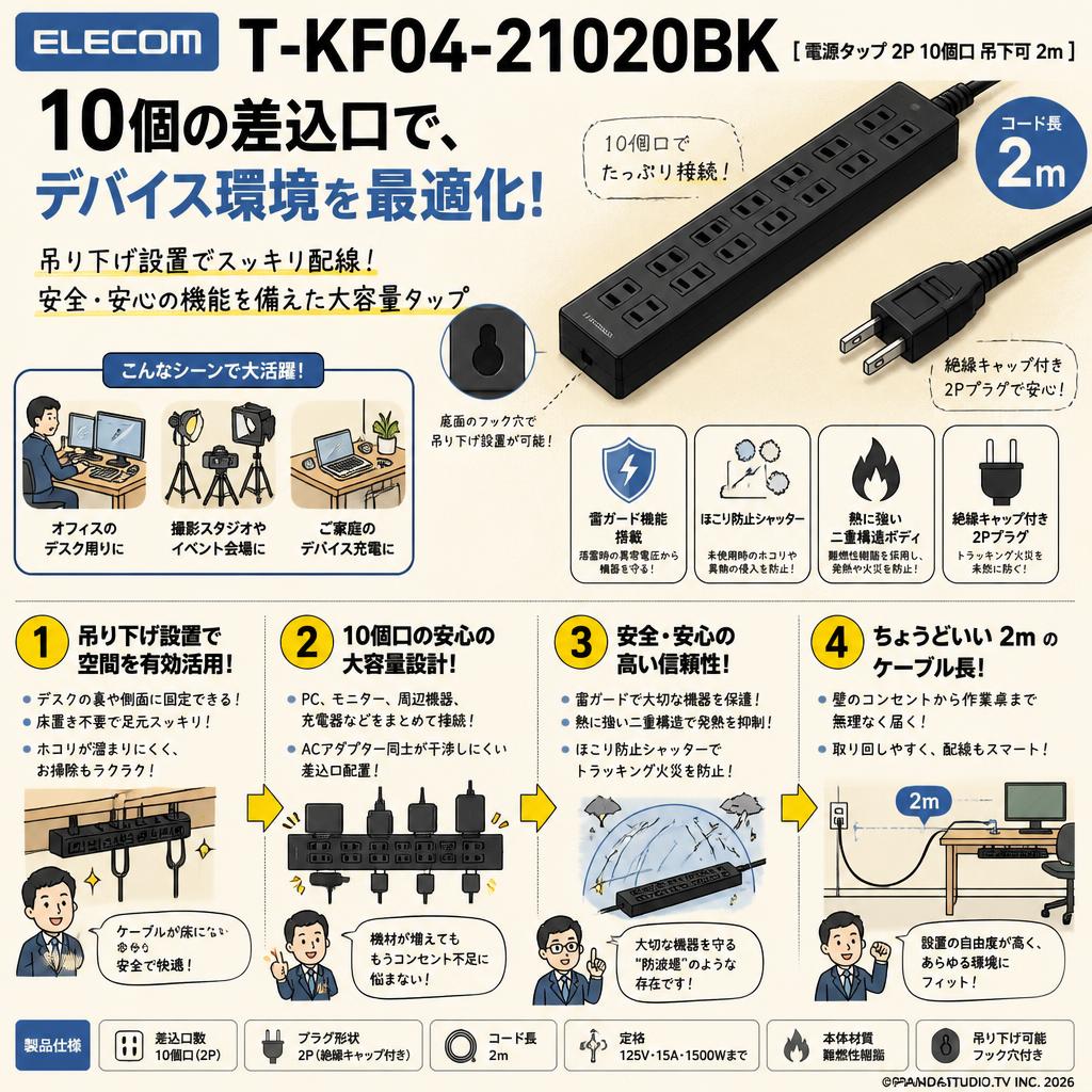 ELECOM T-KF04-21020BK [電源タップ 2P 10個口 吊下可 2m ] 概要