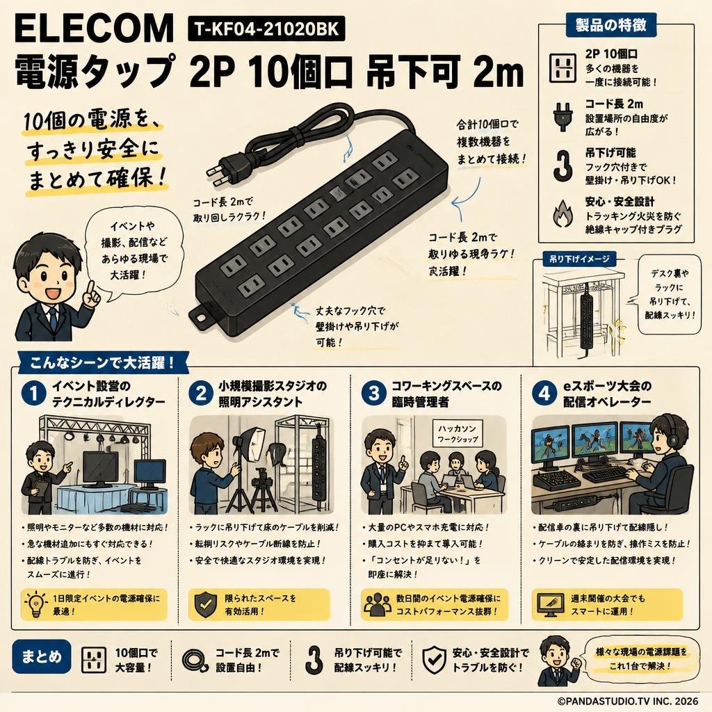 ELECOM T-KF04-21020BK [電源タップ 2P 10個口 吊下可 2m ] おもな対象のお客様