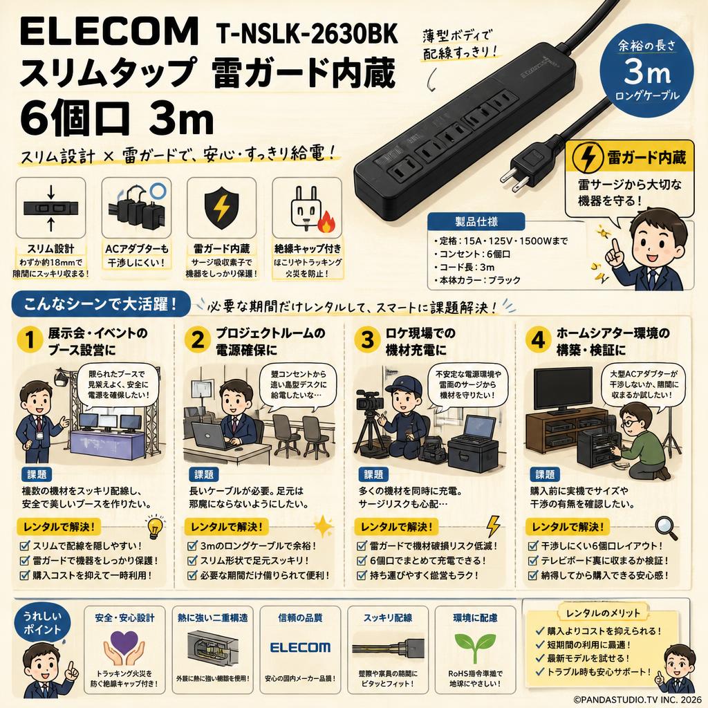 ELECOM T-NSLK-2630BK [ スリムタップ 雷ガード内蔵 6個口 3m ] おもな対象のお客様