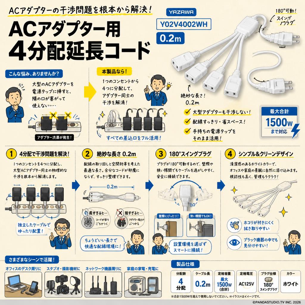 Yazawa Y02V4002WH [ACアダプター用4分配延長コード 0.2m] 概要