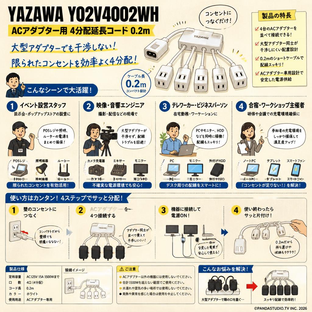 Yazawa Y02V4002WH [ACアダプター用4分配延長コード 0.2m] おもな対象のお客様