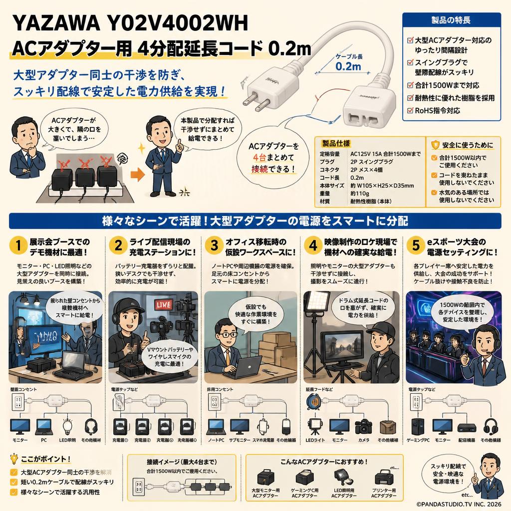 Yazawa Y02V4002WH [ACアダプター用4分配延長コード 0.2m] 用途