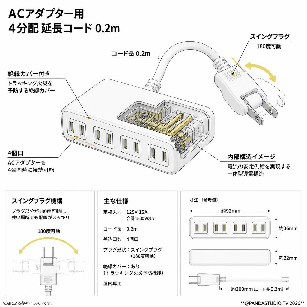 Yazawa Y02V4002WH [ACアダプター用4分配延長コード 0.2m] スペック