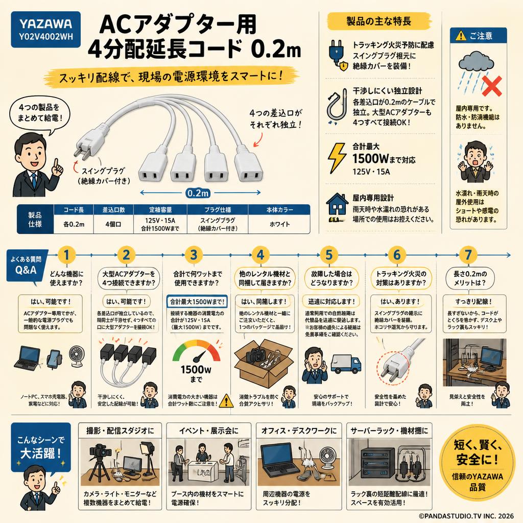 Yazawa Y02V4002WH [ACアダプター用4分配延長コード 0.2m] FAQ（よくある質問と答え）