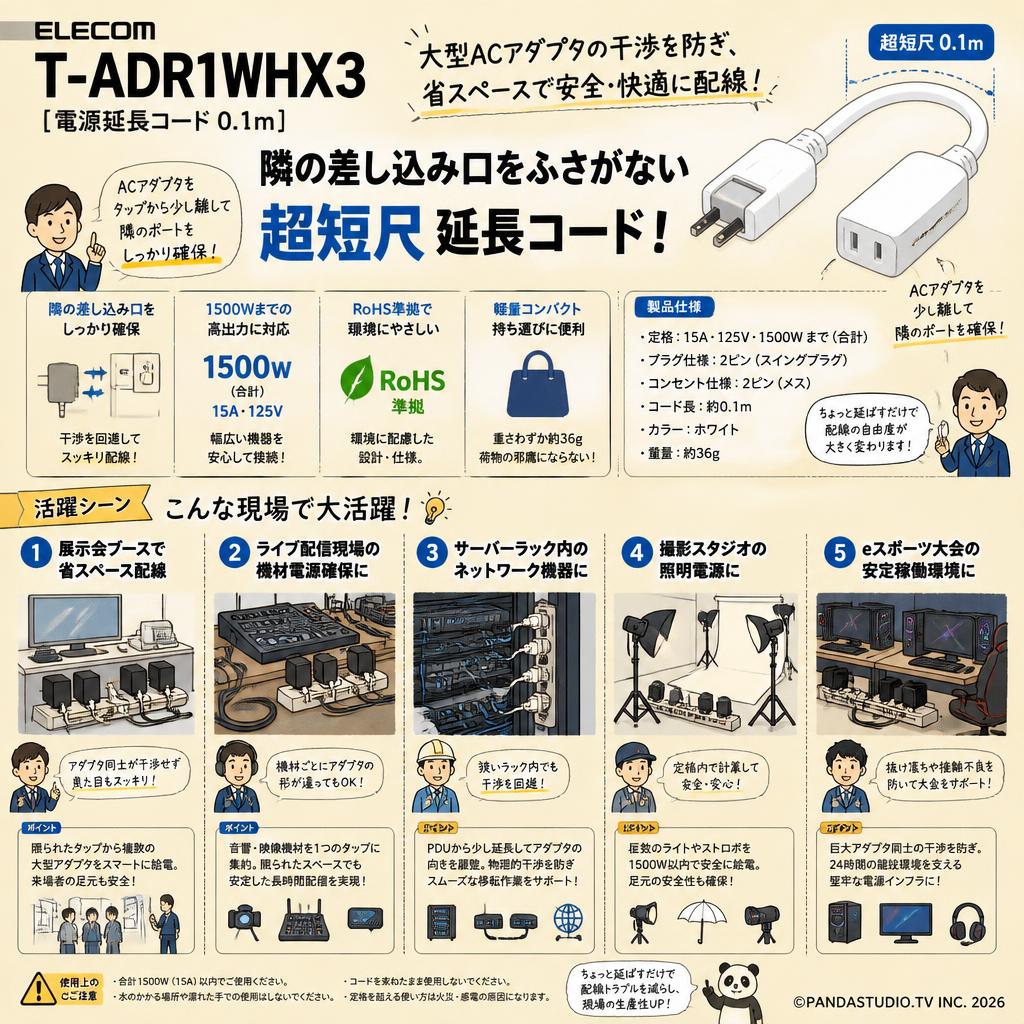ELECOM T-ADR1WHX3 [電源延長コード 0.1m] 用途