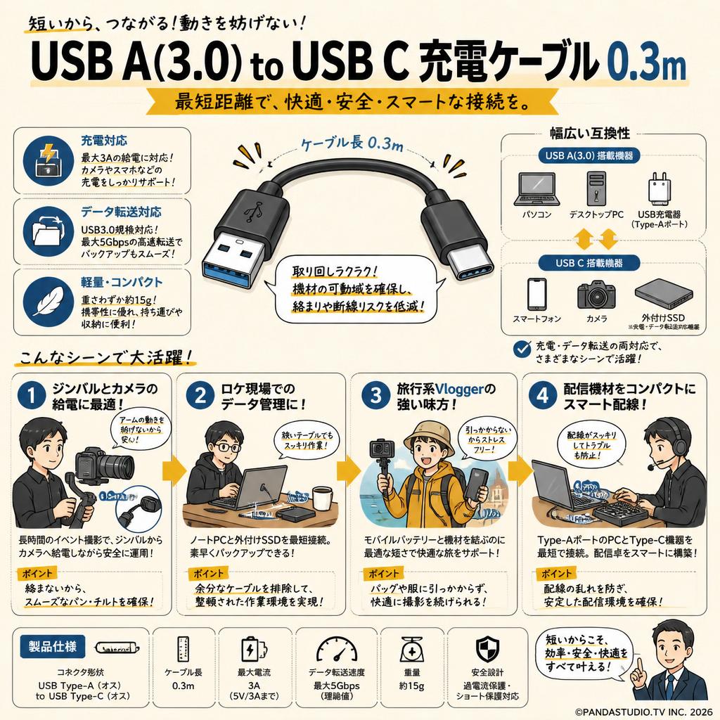 USB A (3.0) to USB C 充電ケーブル 0.3m おもな対象のお客様