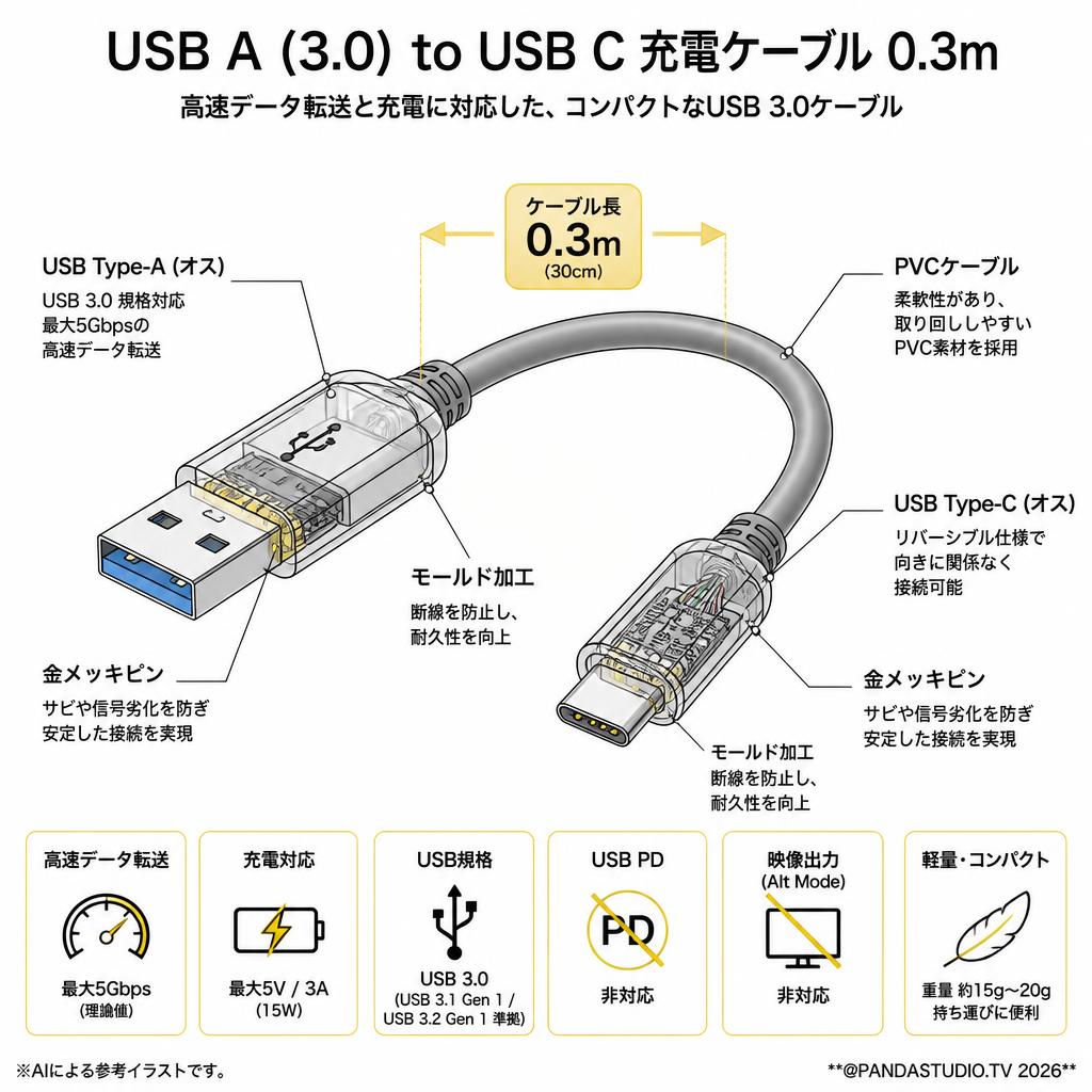 USB A (3.0) to USB C 充電ケーブル 0.3m スペック