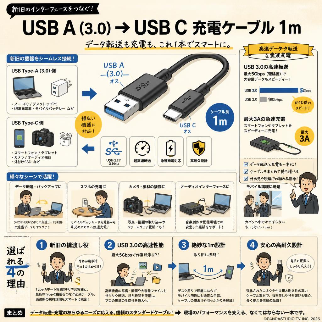 USB A (3.0) to USB C 充電ケーブル 1m 概要
