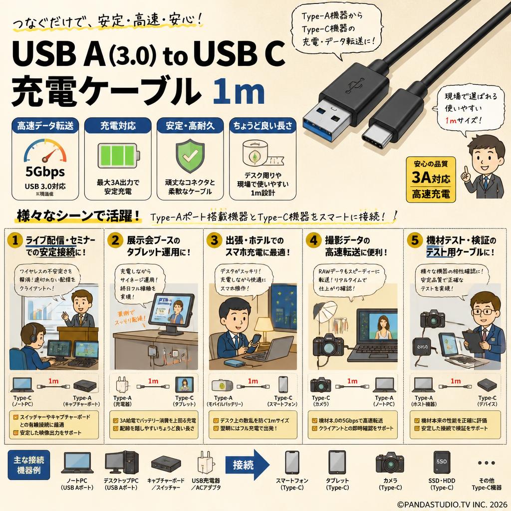 USB A (3.0) to USB C 充電ケーブル 1m 用途