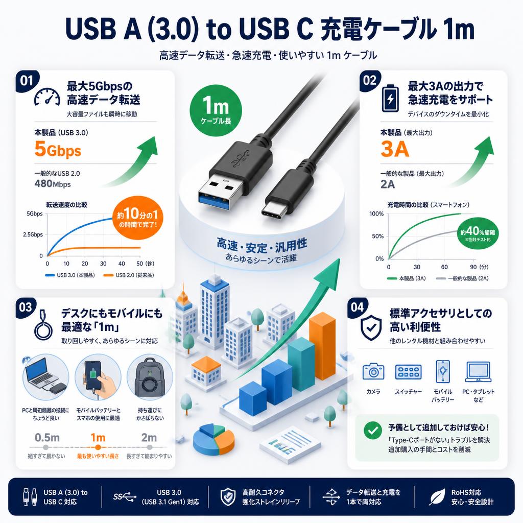 USB A (3.0) to USB C 充電ケーブル 1m セールスポイント
