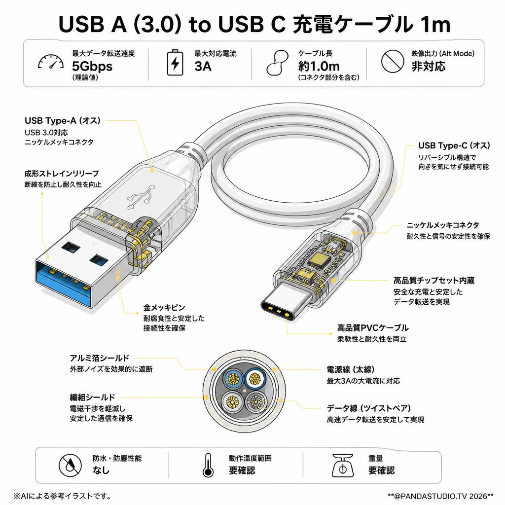 USB A (3.0) to USB C 充電ケーブル 1m スペック