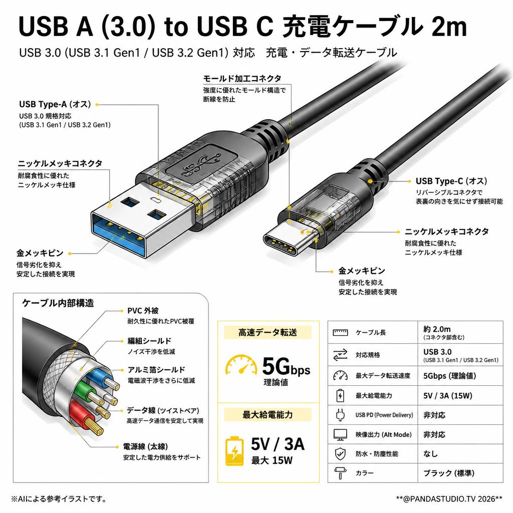 USB A (3.0) to USB C 充電ケーブル 2m スペック