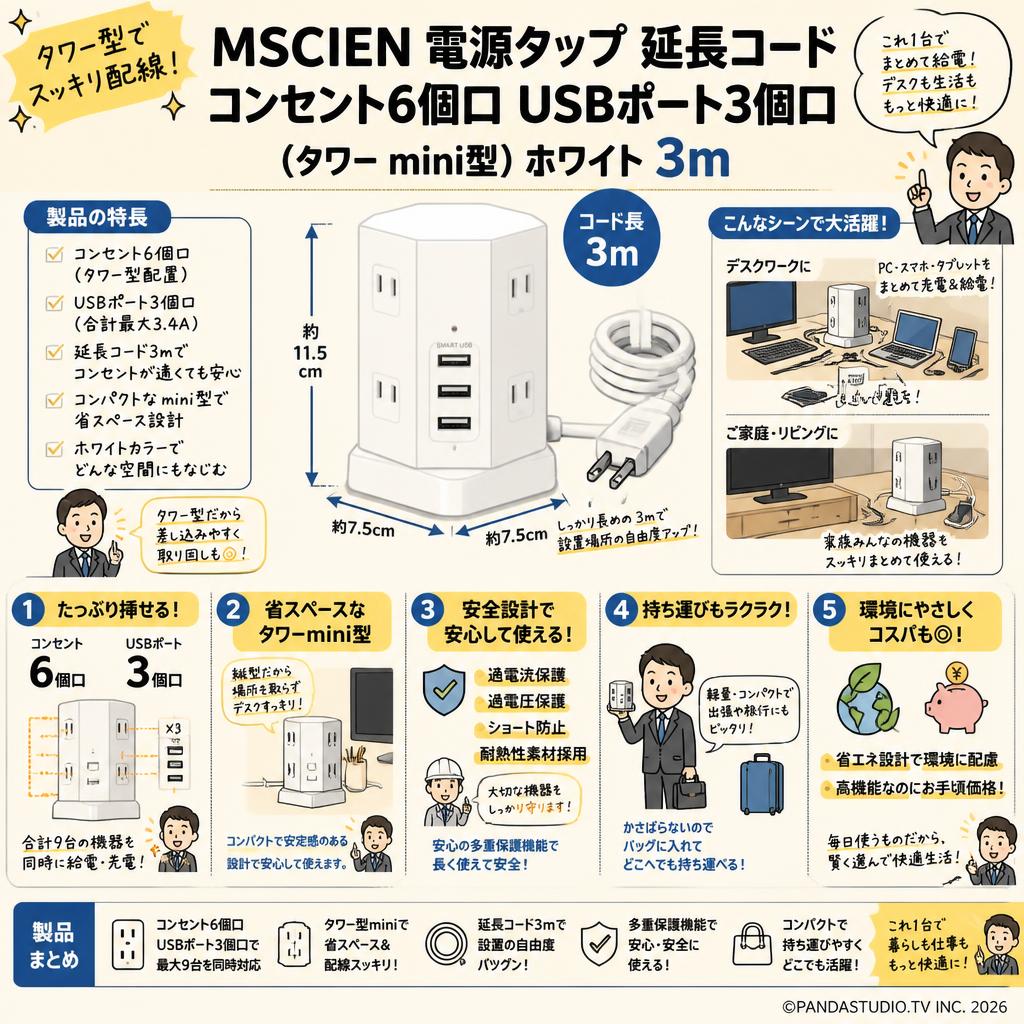 MSCIEN[電源タップ 延長コード コンセント6個口 USBポート3個口 ]( タワー mini型) ホワイト 3ｍ 概要
