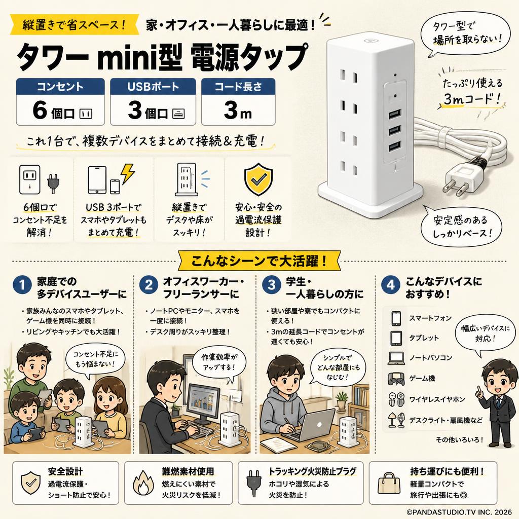 MSCIEN[電源タップ 延長コード コンセント6個口 USBポート3個口 ]( タワー mini型) ホワイト 3ｍ おもな対象のお客様