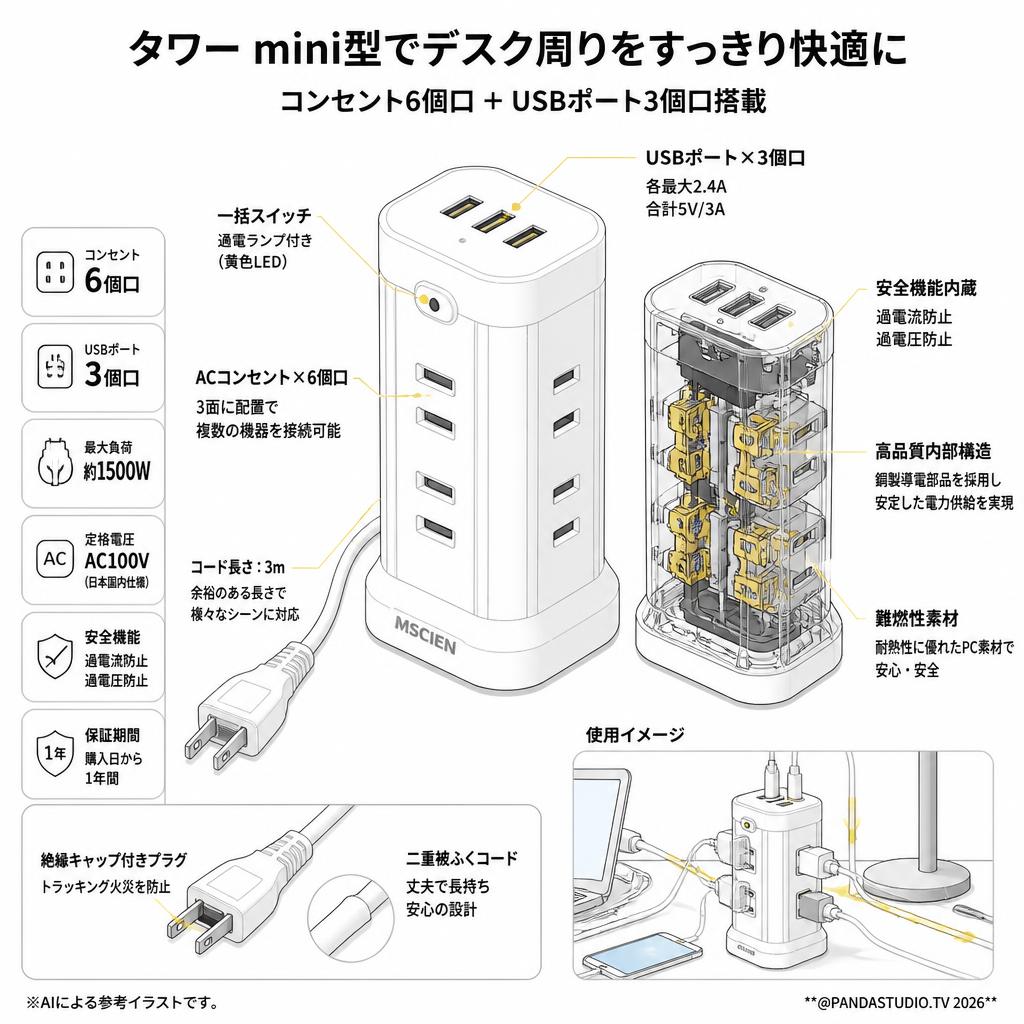 MSCIEN[電源タップ 延長コード コンセント6個口 USBポート3個口 ]( タワー mini型) ホワイト 3ｍ スペック