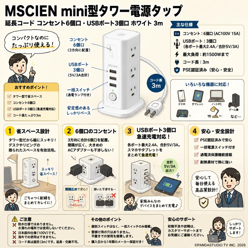 MSCIEN[電源タップ 延長コード コンセント6個口 USBポート3個口 ]( タワー mini型) ホワイト 3ｍ FAQ（よくある質問と答え）