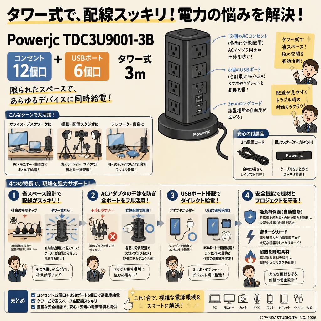 Powerjc TDC3U9001-3B [コンセント12個口 USBポト6個口 タワー式] 3m 概要