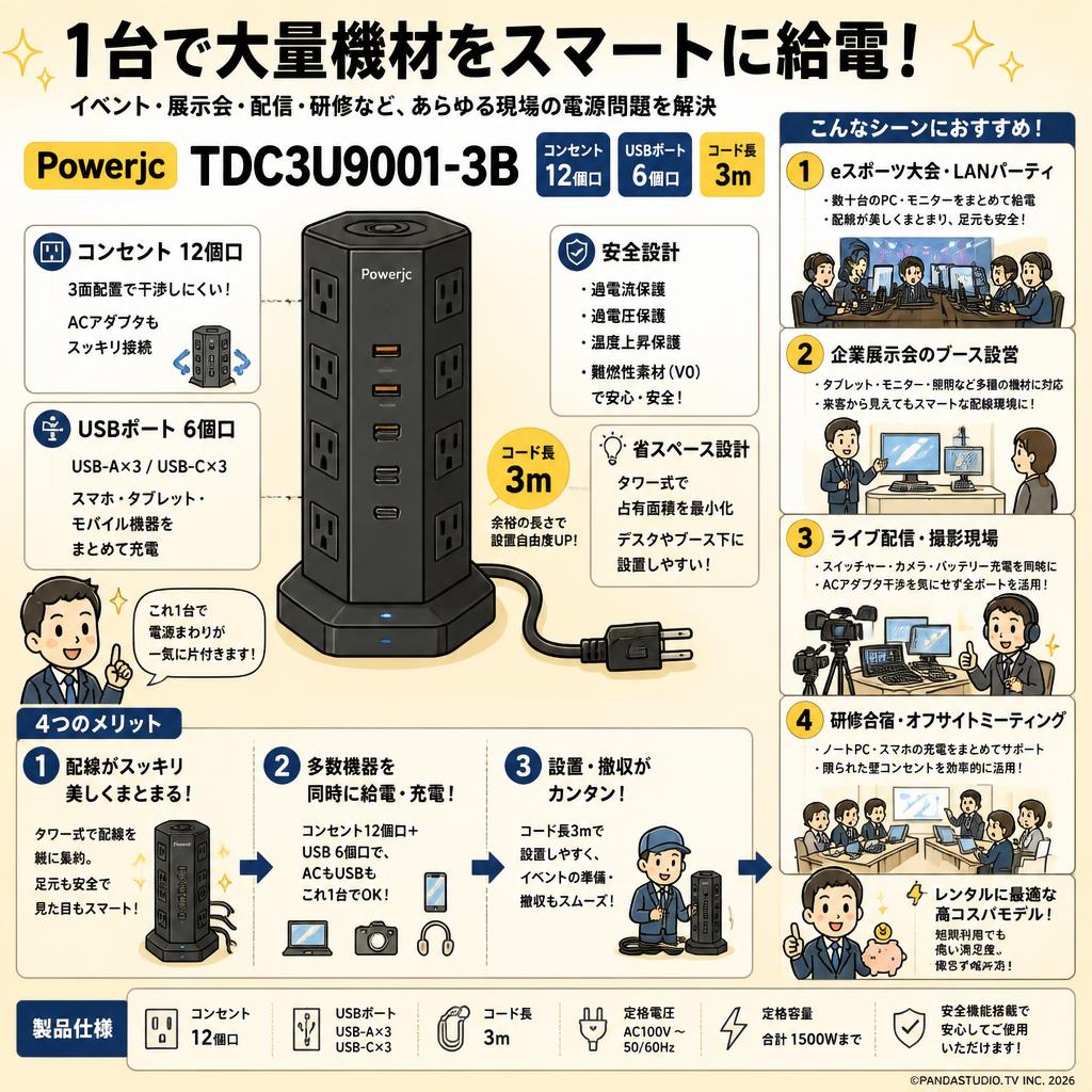 Powerjc TDC3U9001-3B [コンセント12個口 USBポト6個口 タワー式] 3m おもな対象のお客様