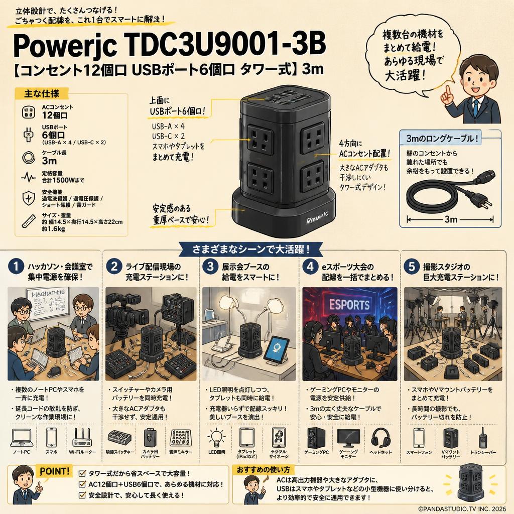 Powerjc TDC3U9001-3B [コンセント12個口 USBポト6個口 タワー式] 3m 用途
