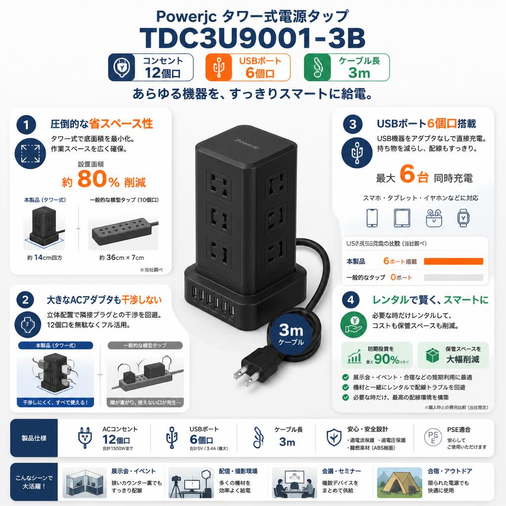 Powerjc TDC3U9001-3B [コンセント12個口 USBポト6個口 タワー式] 3m セールスポイント