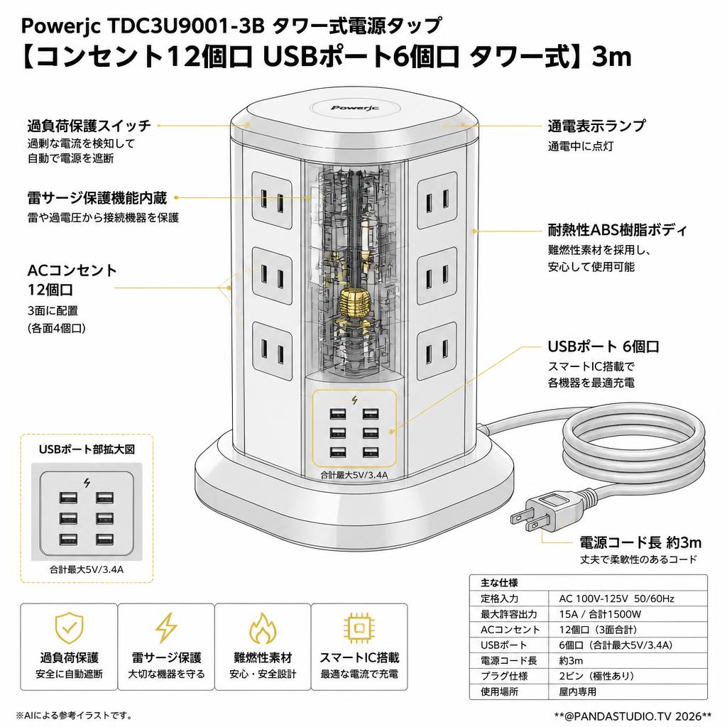 Powerjc TDC3U9001-3B [コンセント12個口 USBポト6個口 タワー式] 3m スペック
