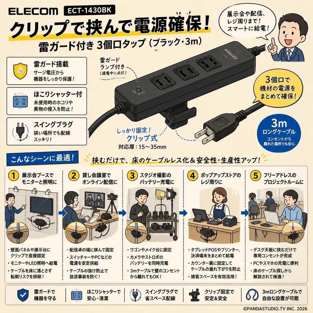 ELECOM ECT-1430BK [ 電源タップ 雷ガード 3個口 クリップ ほこりシャッター付 スイングプラグ ブラック 3m] 用途