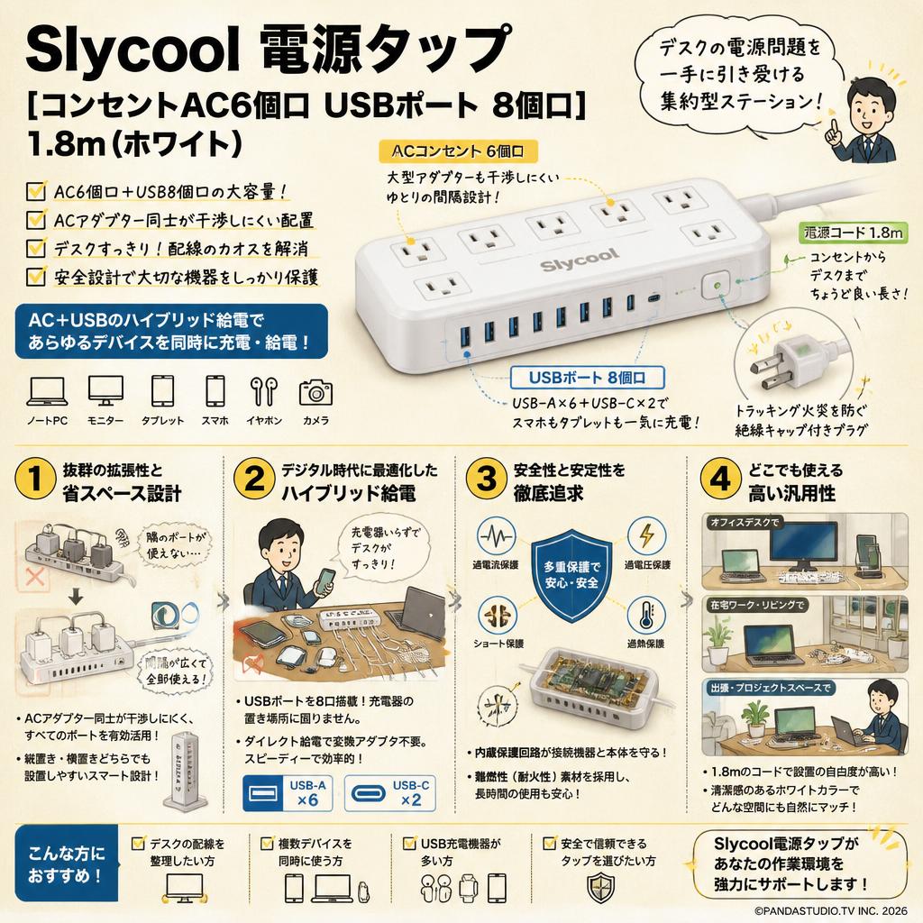 Slycool 電源タップ [コンセントAC6個口 USBポート 8個口] 1.8m (ホワイト) 概要