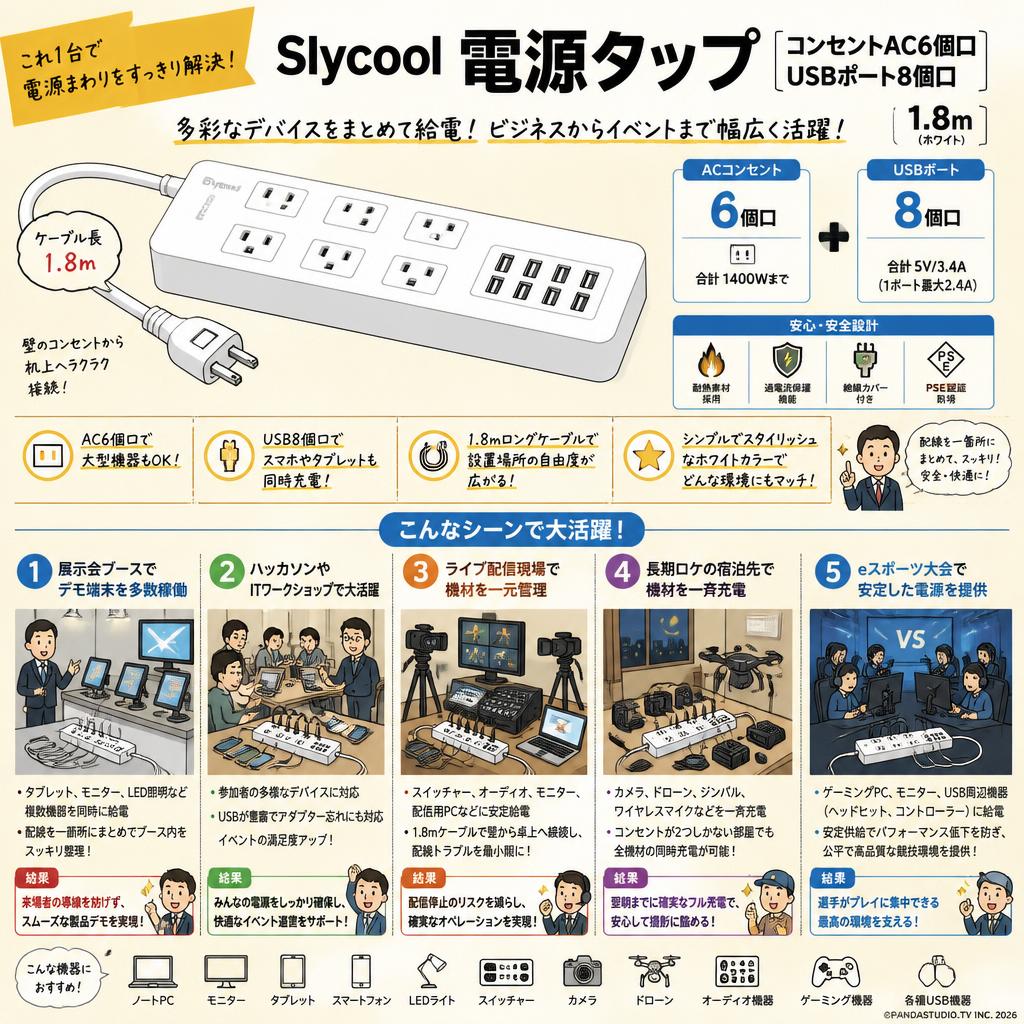 Slycool 電源タップ [コンセントAC6個口 USBポート 8個口] 1.8m (ホワイト) 用途