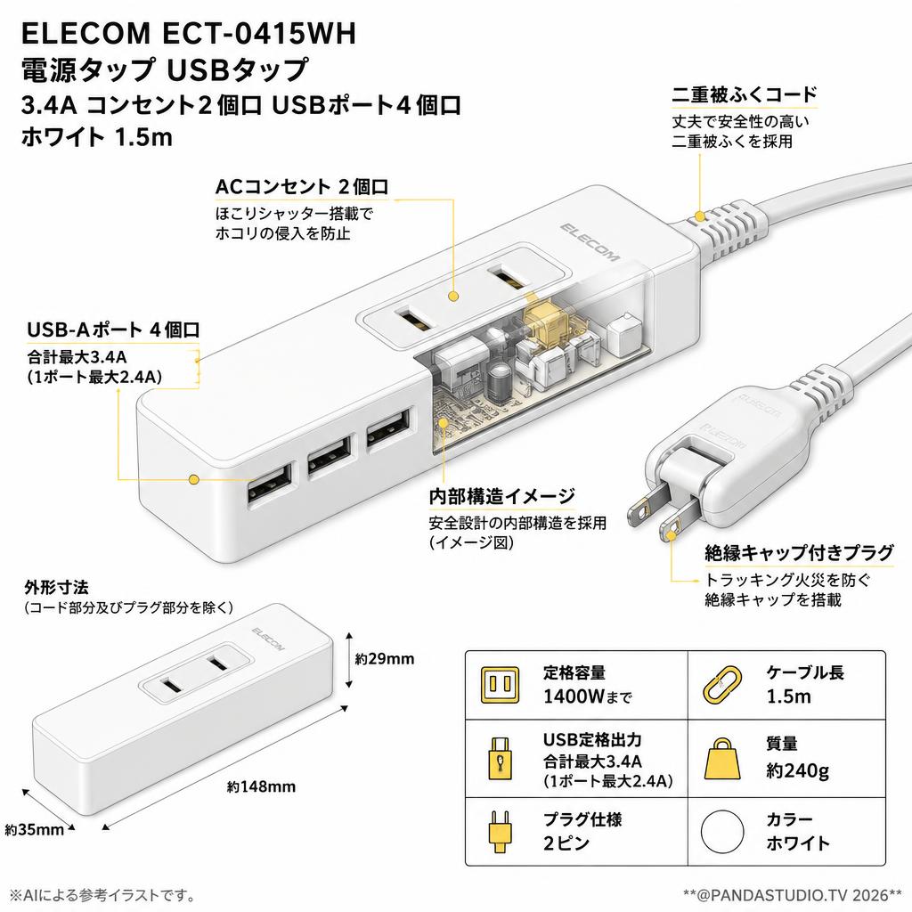 ELECOM ECT-0415WH[電源タップ USBタップ  3.4A コンセント2個口 USBポート4 個口] ホワイト 1.5m スペック