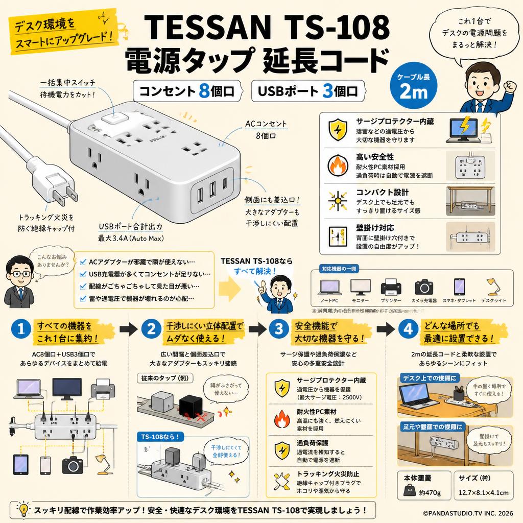 TESSAN TS-108 [電源タップ 延長コード コンセント 8個口USBポート3個口] 2m 概要