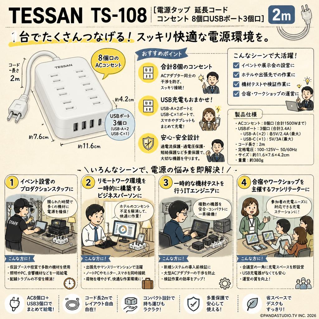 TESSAN TS-108 [電源タップ 延長コード コンセント 8個口USBポート3個口] 2m おもな対象のお客様