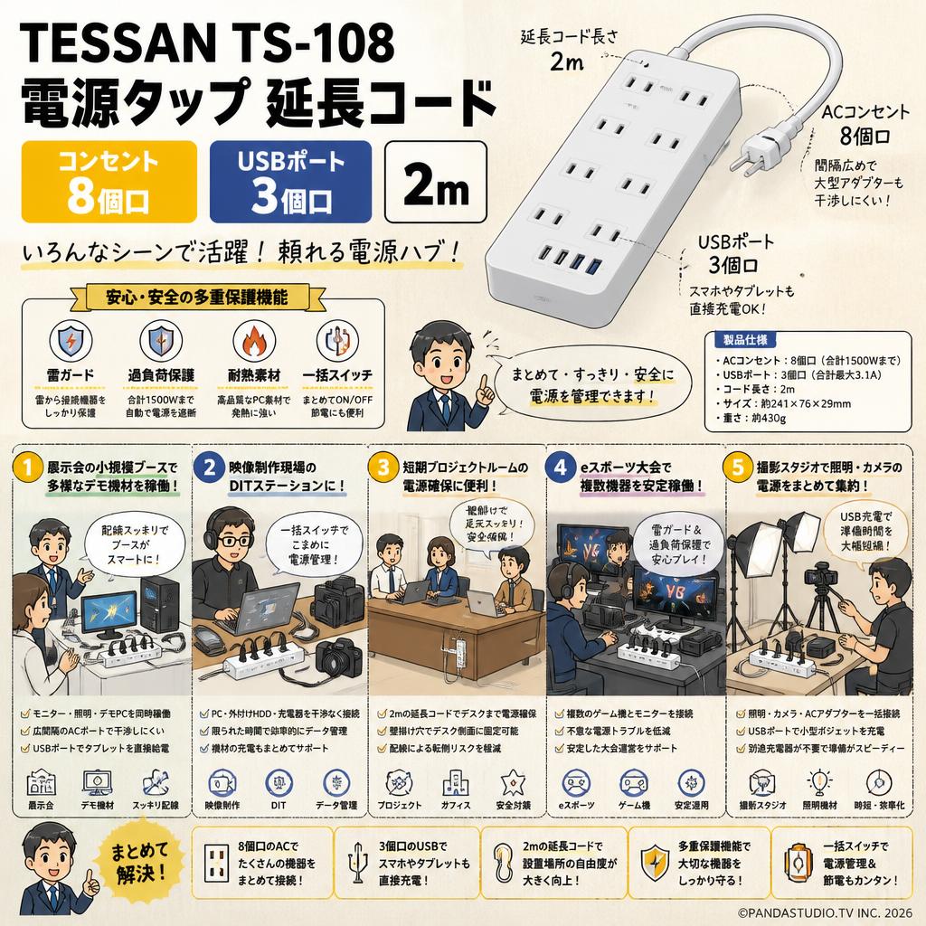 TESSAN TS-108 [電源タップ 延長コード コンセント 8個口USBポート3個口] 2m 用途