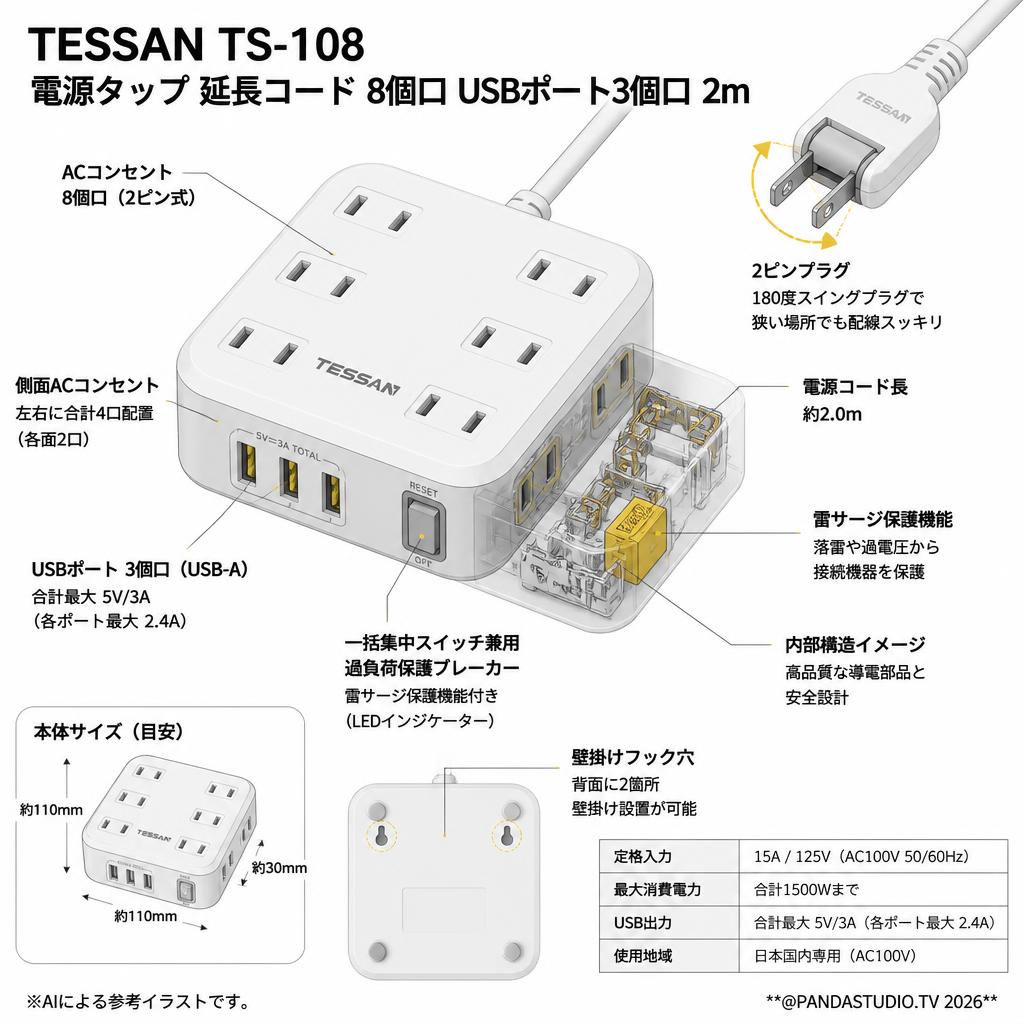TESSAN TS-108 [電源タップ 延長コード コンセント 8個口USBポート3個口] 2m スペック
