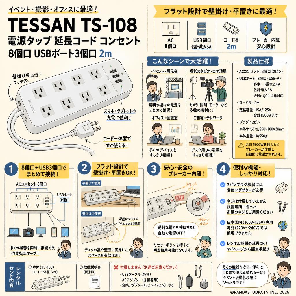 TESSAN TS-108 [電源タップ 延長コード コンセント 8個口USBポート3個口] 2m FAQ（よくある質問と答え）