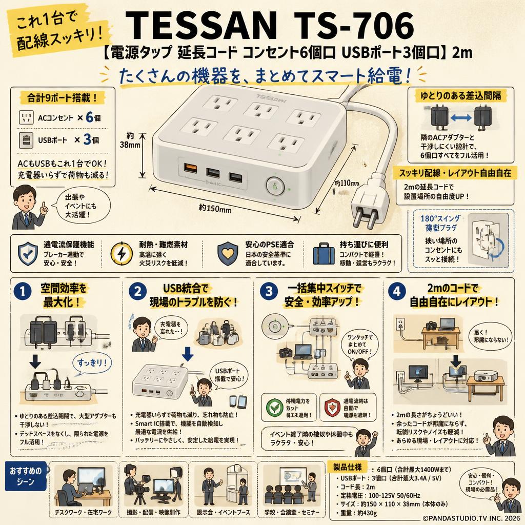 TESSAN TS-706 [電源タップ 延長コード コンセント 6個口 USBポート3個口] 2m 概要