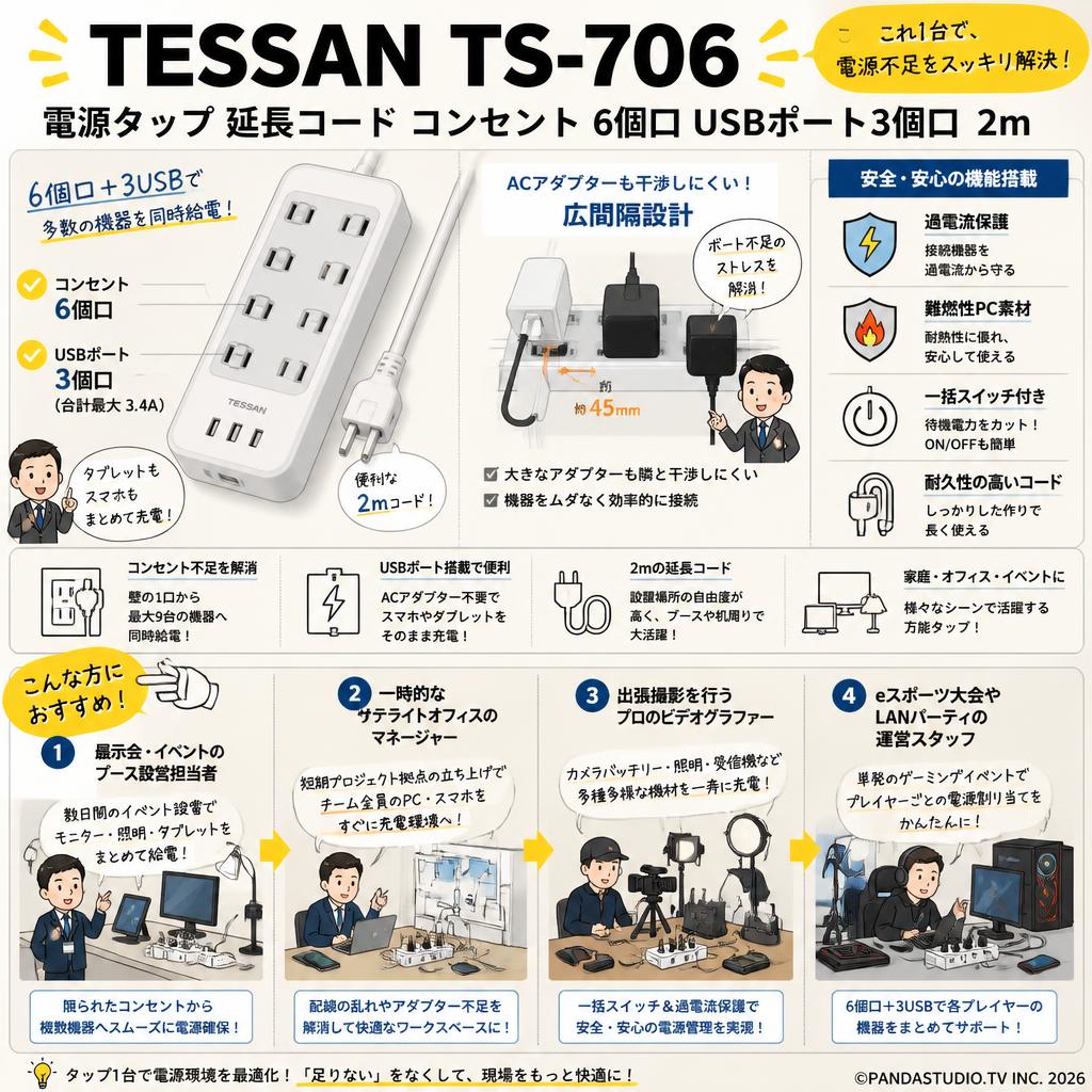 TESSAN TS-706 [電源タップ 延長コード コンセント 6個口 USBポート3個口] 2m おもな対象のお客様