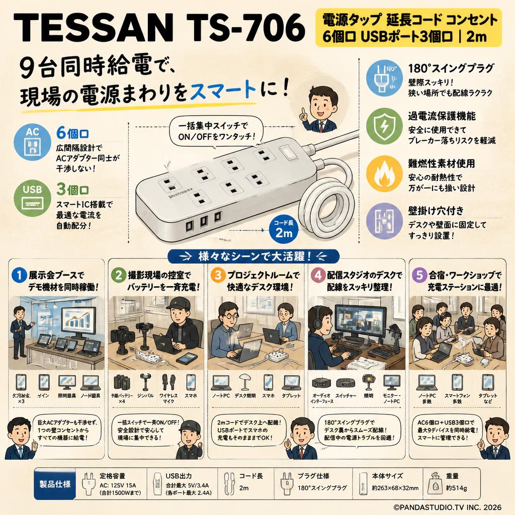 TESSAN TS-706 [電源タップ 延長コード コンセント 6個口 USBポート3個口] 2m 用途