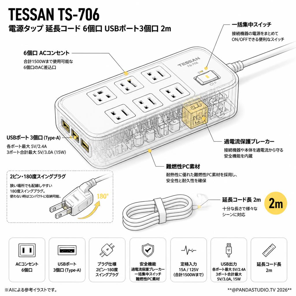 TESSAN TS-706 [電源タップ 延長コード コンセント 6個口 USBポート3個口] 2m スペック